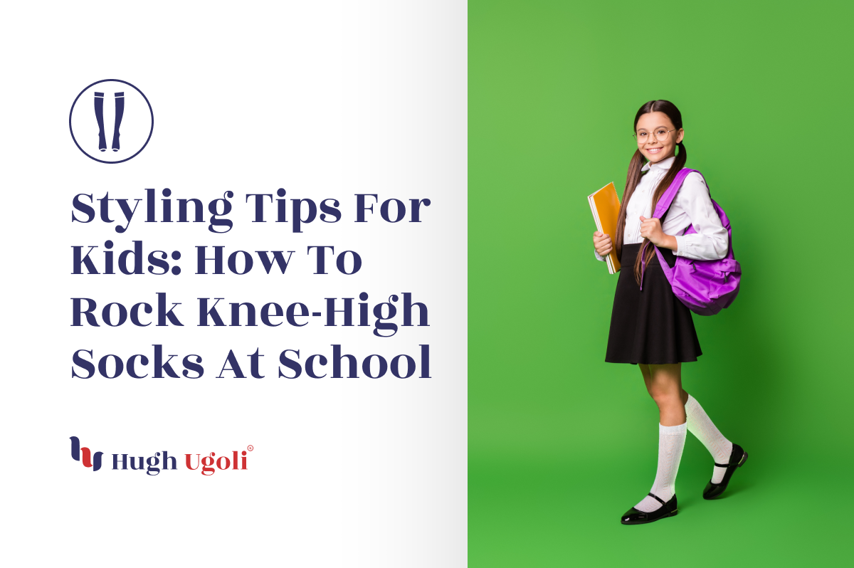 Girl wearing knee-high white socks, school uniform, and a purple backpack, standing against a green background, holding books.